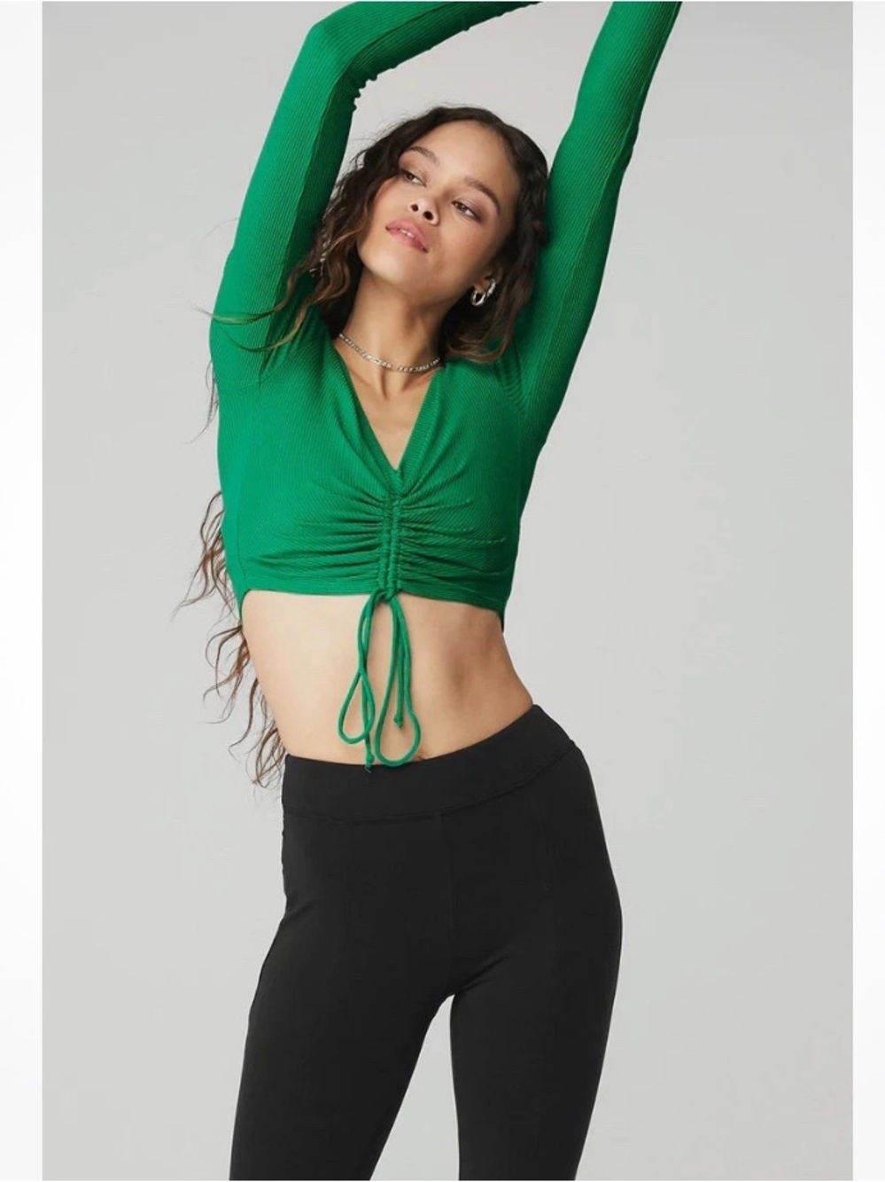 ALO YOGA Ribbed Cinch Cropped Long Sleeve - Green Emerald sz S